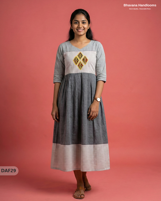Comfortable Daily Wear Cotton Frock – Half White & Gray Colour | Half Lining