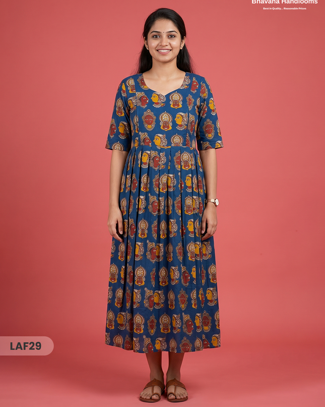 Feeding Frock with Kathakali Design – Blue Color | Invisible Zips | Half Lining Maternity Wear