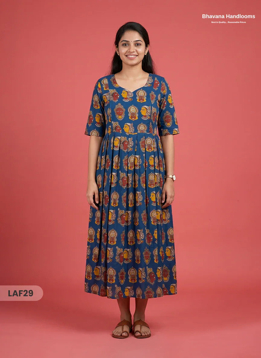 Feeding Frock with Kathakali Design – Blue Color | Invisible Zips | Half Lining Maternity Wear