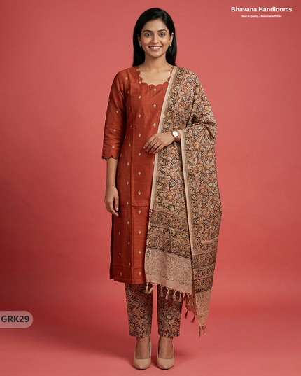 Raw Silk 3PC Kurti Set with Kalamkari Dupatta & Elastic Bottom in Orange Colour | Ethnic Wear