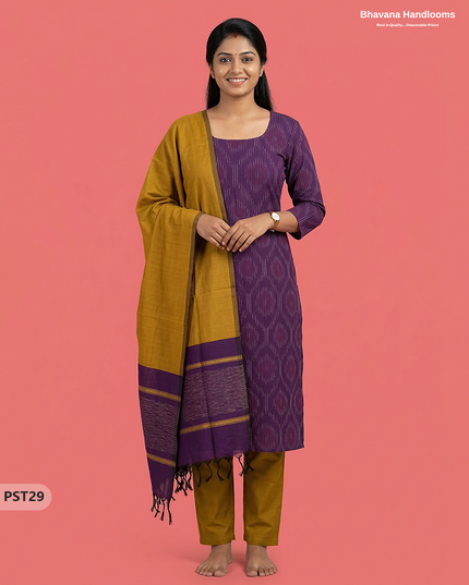 Pochampally Semi Pattu 3PC Kurti Set in Purple Colour | Ready-to-Wear Ethnic Wear