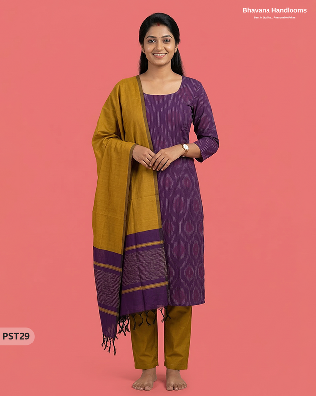 Pochampally Semi Pattu 3PC Kurti Set in Purple Colour | Ready-to-Wear Ethnic Wear
