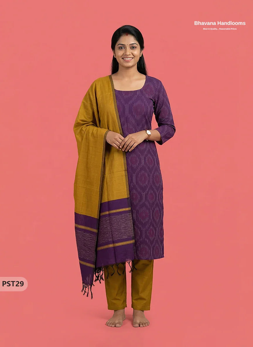 Pochampally Semi Pattu 3PC Kurti Set in Purple Colour | Ready-to-Wear Ethnic Wear