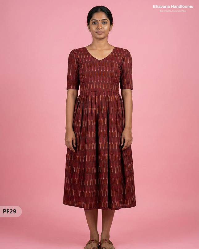 Handcrafted Pochampally Maroon Cotton Frock with Knot Detailing – Ethnic Wear for Women