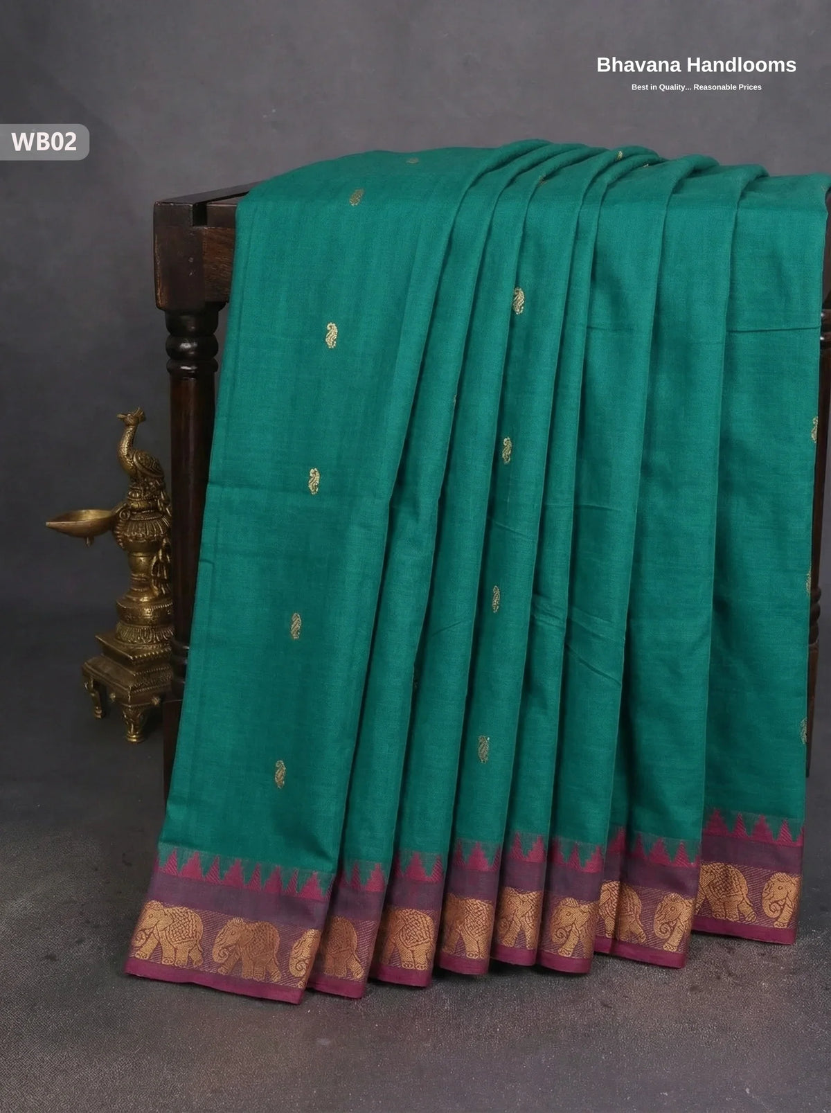 Authentic Kanchi Cotton Handloom Saree – Sea Green Colour (Without Blouse)