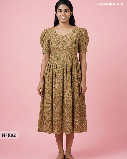Feeding Frock with Handblock Design – Green Color | Invisible Zips | Half Lining Maternity Wear