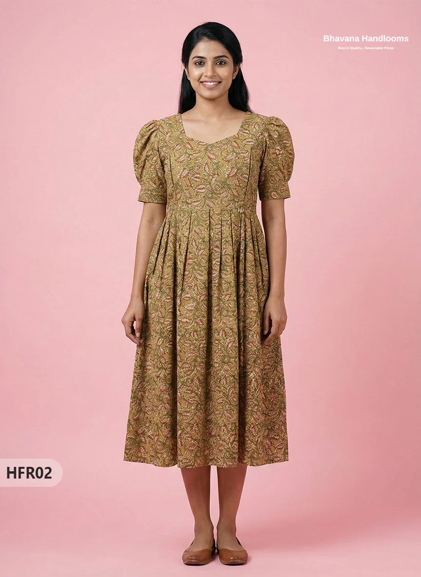 Feeding Frock with Handblock Design – Green Color | Invisible Zips | Half Lining Maternity Wear
