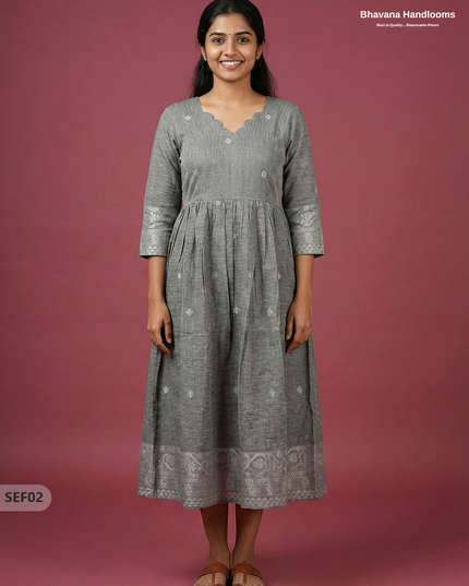 Premium Soft Semi Pattu Frock in Pastel Gray | Full Length Lining
