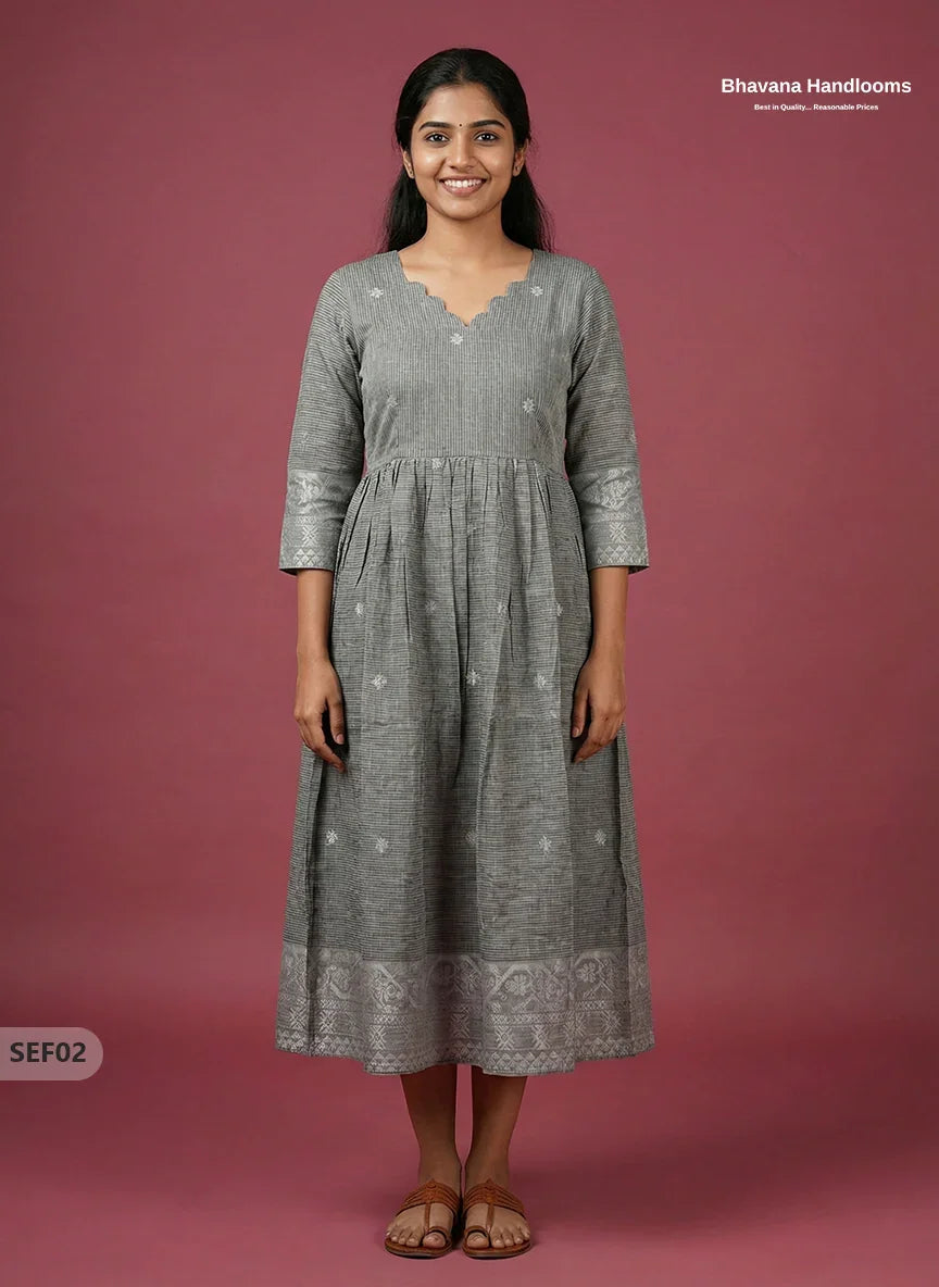 Premium Soft Semi Pattu Frock in Pastel Gray | Full Length Lining