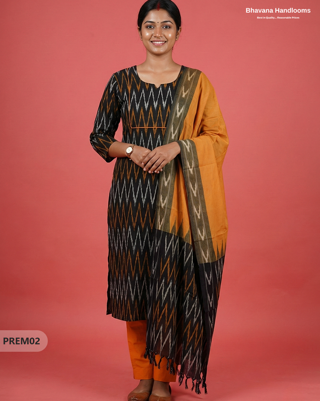 Premium Ikkat 3 Piece Stitched Set – Ready to Wear Kurta, Bottom & Dupatta – Black Colour Handloom Ethnic Wear