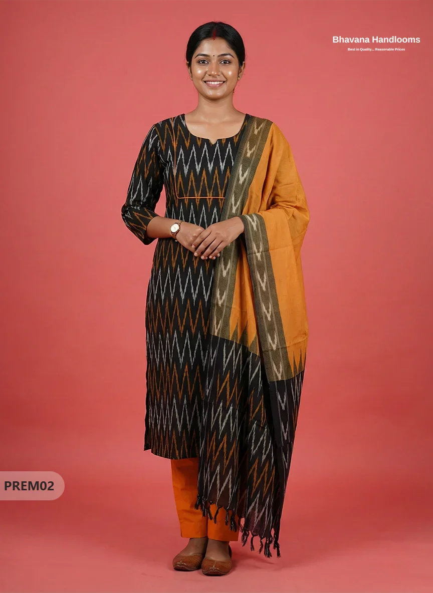 Premium Ikkat 3 Piece Stitched Set – Ready to Wear Kurta, Bottom & Dupatta – Black Colour Handloom Ethnic Wear