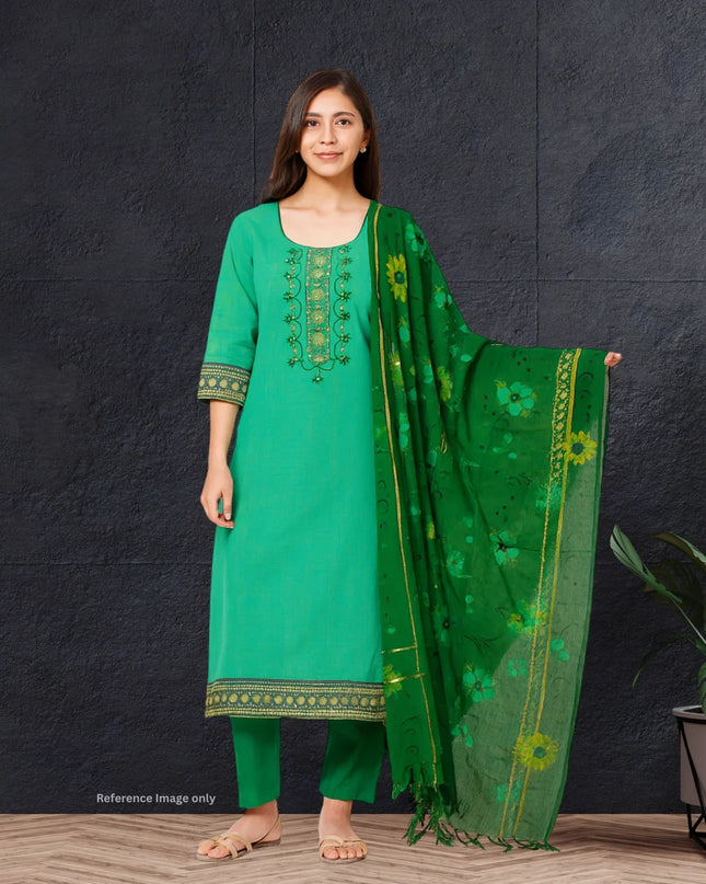 Mangalagiri Cotton Kurti Set Lux Green – Straight Cut Style, Elbow Length Sleeves