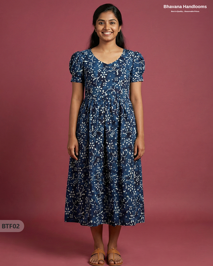 Handmade Batik Frock with Natural Dye – Potli Ball Neck Design Dark Blue Colour
