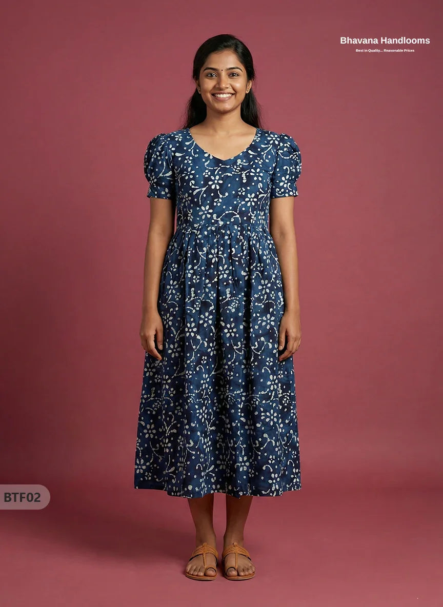 Handmade Batik Frock with Natural Dye – Potli Ball Neck Design Dark Blue Colour
