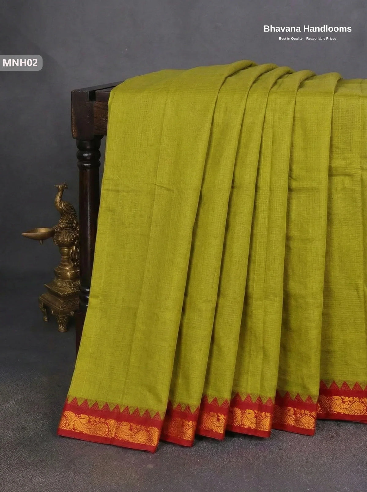 Mini Gadwal Cotton Saree in Pesara Greenwith Small Zari Border | Without Blouse