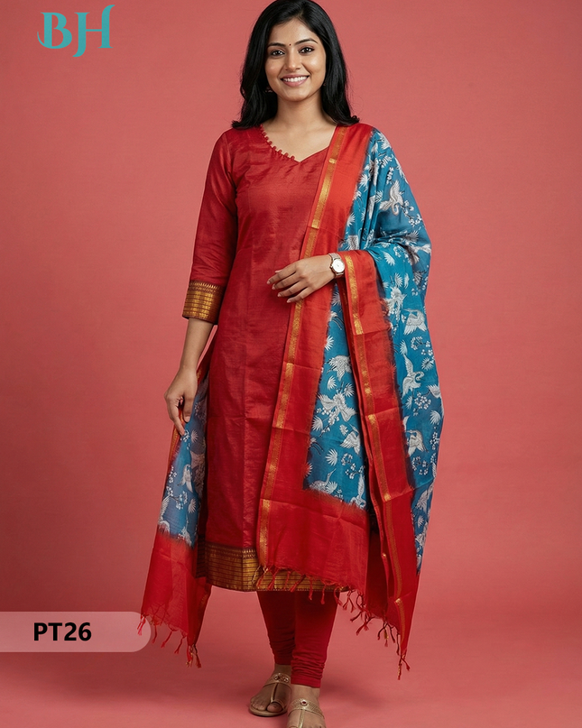 Mangalagiri Semi Pattu Dress Set in Red | 2pc Kurti with Chennuri Silk Dupatta