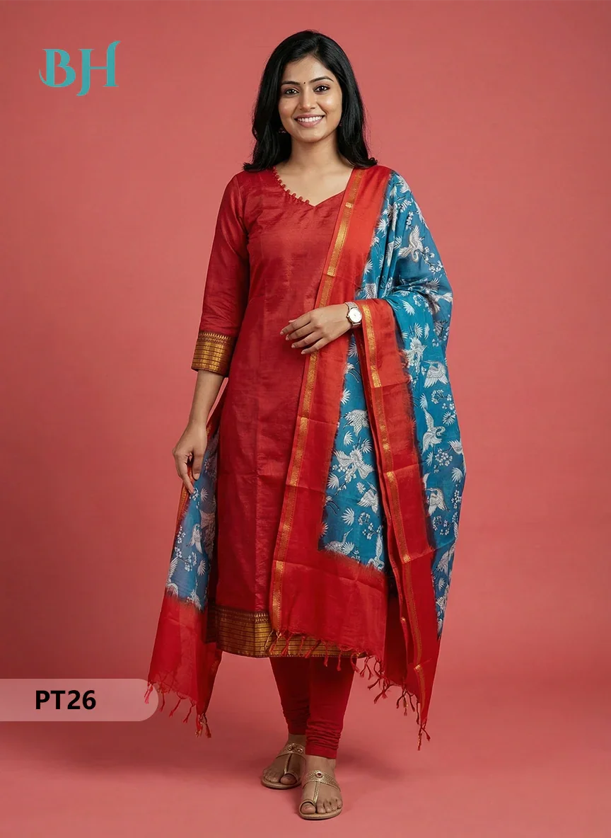 Mangalagiri Semi Pattu Dress Set in Red | 2pc Kurti with Chennuri Silk Dupatta