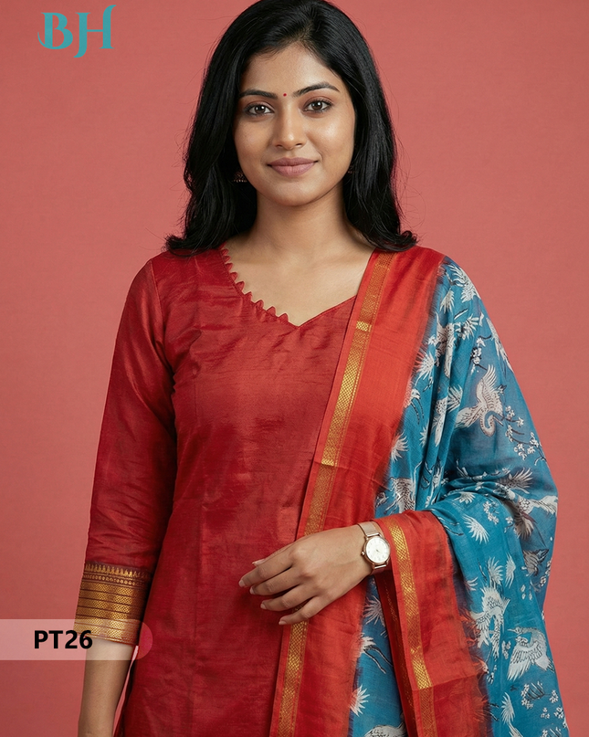 Mangalagiri Semi Pattu Dress Set in Red | 2pc Kurti with Chennuri Silk Dupatta