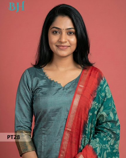Mangalagiri Semi Pattu Dress Set in Bluish Grey | 2pc Kurti with Chennuri Silk Dupatta
