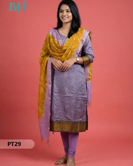 Mangalagiri Semi Pattu Dress Set in Old Lavender | 2pc Kurti with Chennuri Silk Dupatta