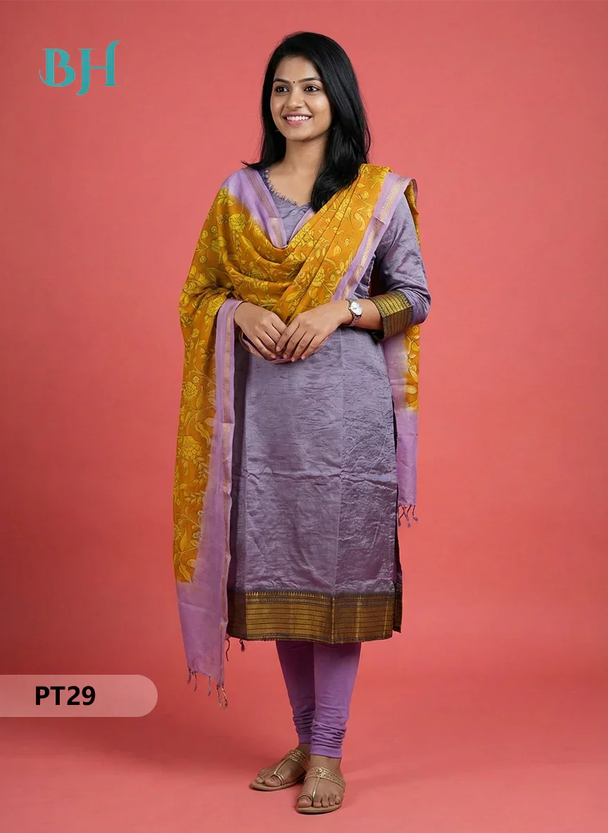 Mangalagiri Semi Pattu Dress Set in Old Lavender | 2pc Kurti with Chennuri Silk Dupatta