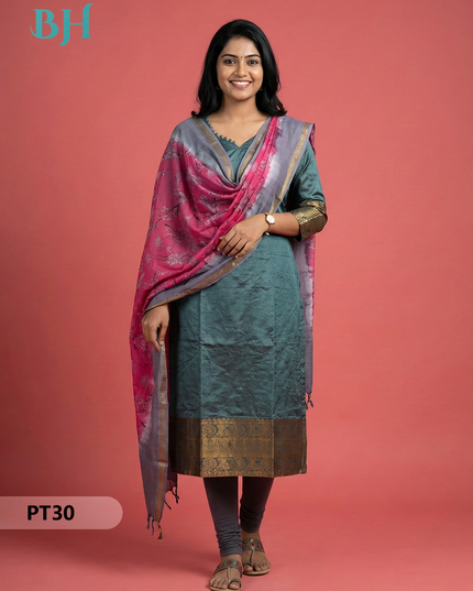 Mangalagiri Semi Pattu Dress Set in Greenish Cyan | 2pc Kurti with Chennuri Silk Dupatta