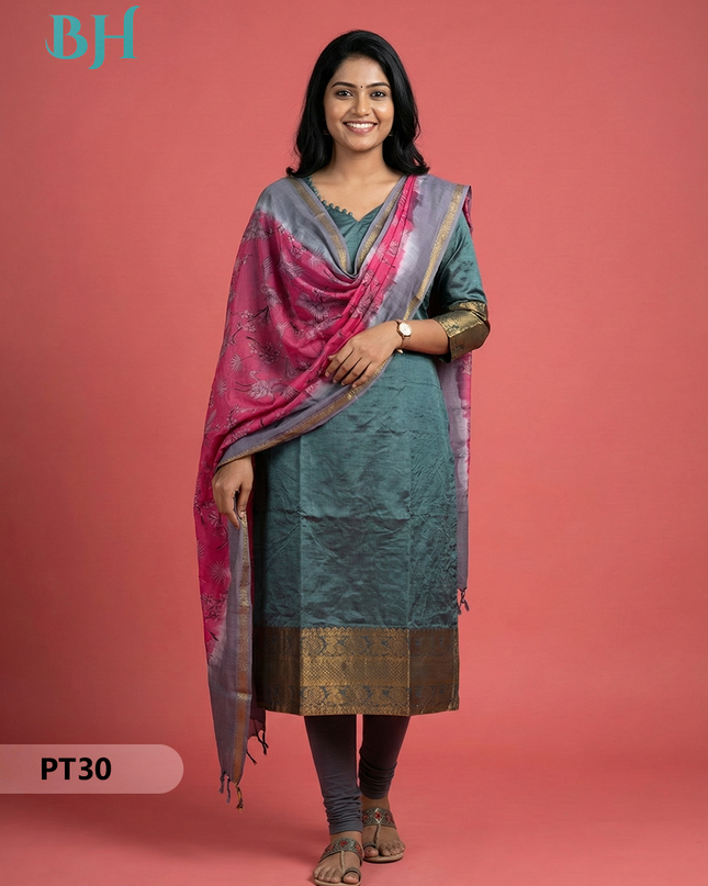 Mangalagiri Semi Pattu Dress Set in Greenish Cyan | 2pc Kurti with Chennuri Silk Dupatta
