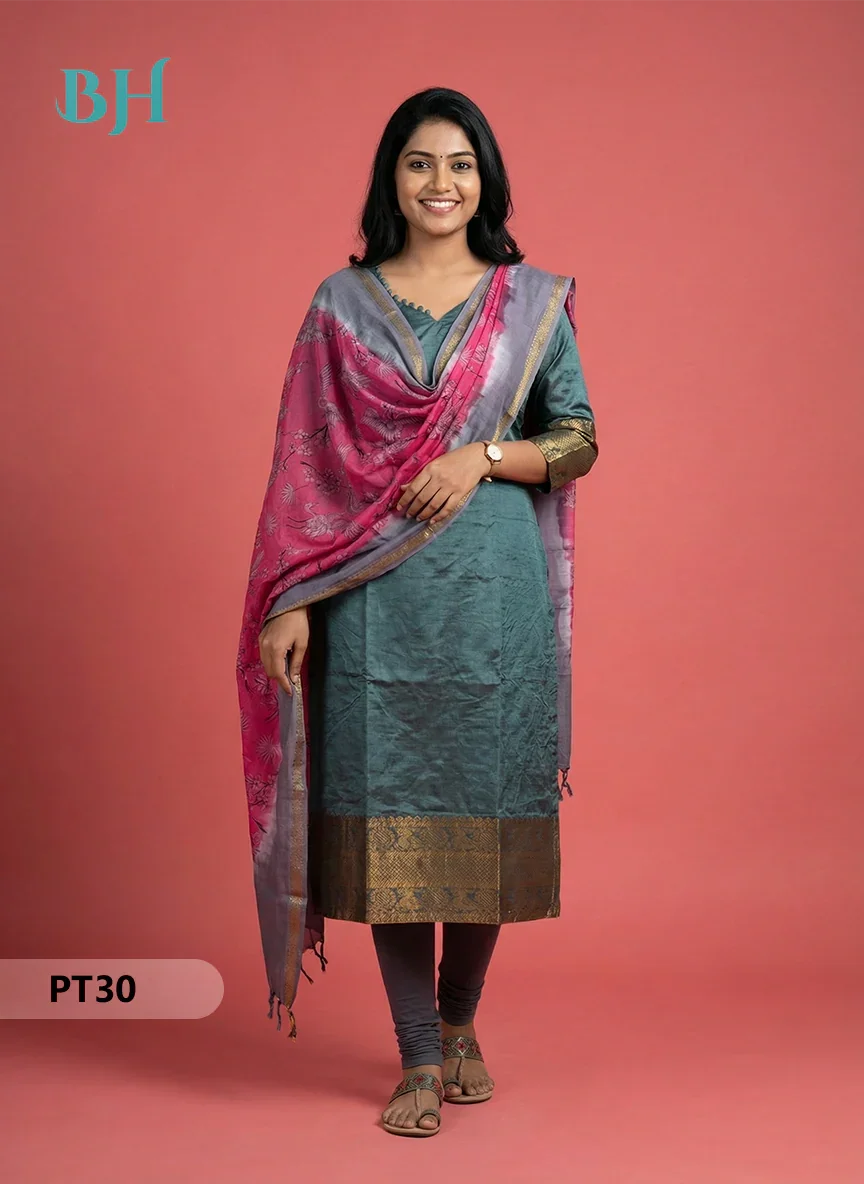 Mangalagiri Semi Pattu Dress Set in Greenish Cyan | 2pc Kurti with Chennuri Silk Dupatta
