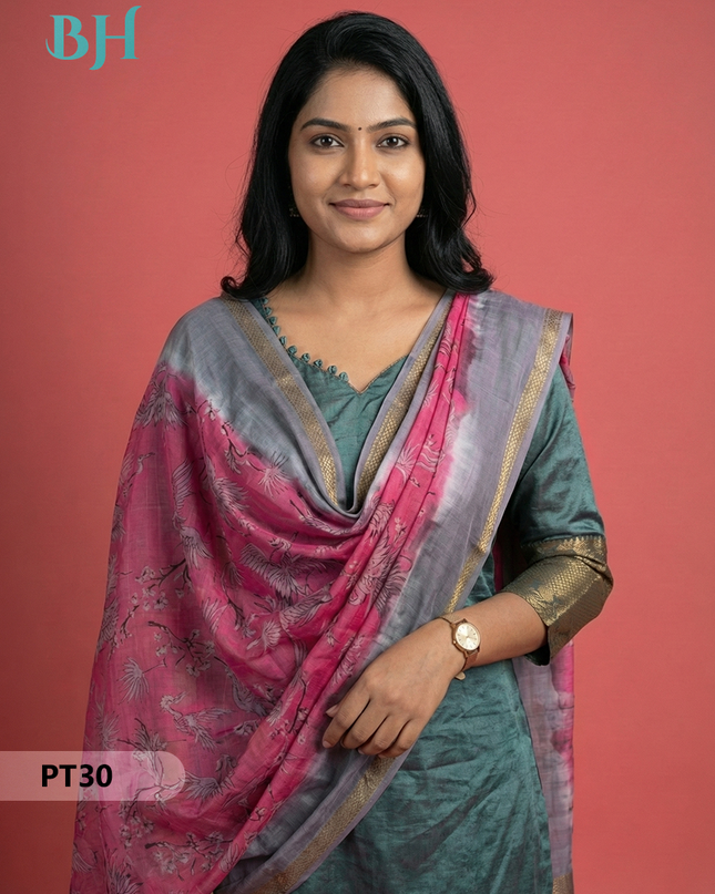 Mangalagiri Semi Pattu Dress Set in Greenish Cyan | 2pc Kurti with Chennuri Silk Dupatta