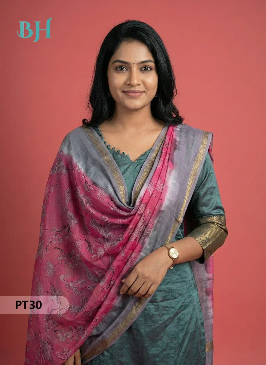 Mangalagiri Semi Pattu Dress Set in Greenish Cyan | 2pc Kurti with Chennuri Silk Dupatta