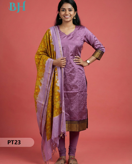 Mangalagiri Semi Pattu Dress Set in Baby Pink | 2pc Kurti with Chennuri Silk Dupatta