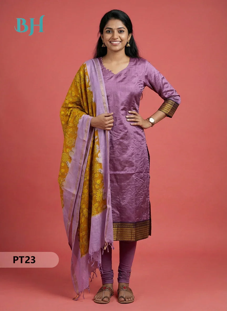 Mangalagiri Semi Pattu Dress Set in Baby Pink | 2pc Kurti with Chennuri Silk Dupatta