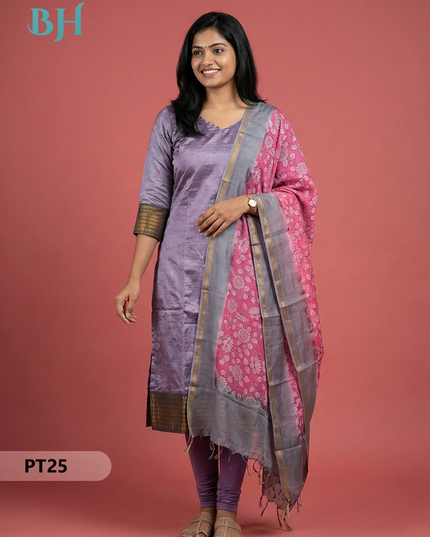 Mangalagiri Semi Pattu Dress Set in Dirty Purple | 2pc Kurti with Chennuri Silk Dupatta
