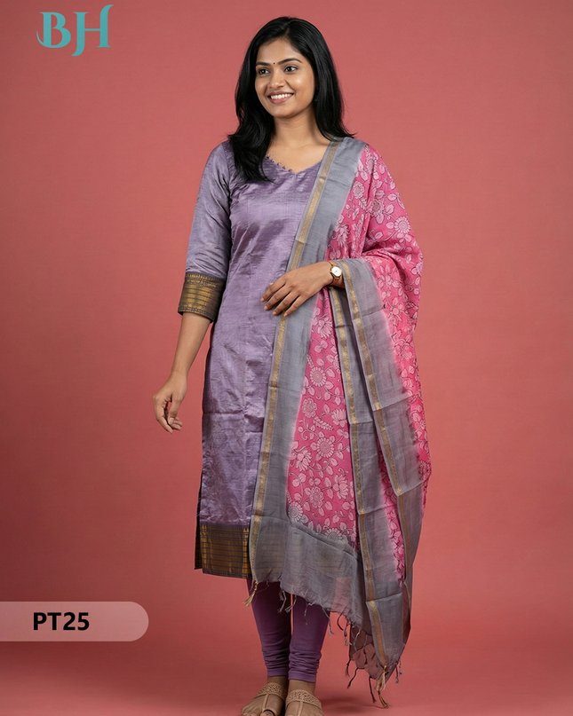 Mangalagiri Semi Pattu Dress Set in Dirty Purple | 2pc Kurti with Chennuri Silk Dupatta