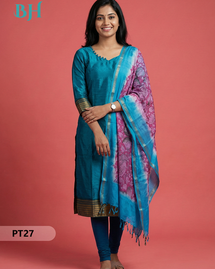 Mangalagiri Semi Pattu Dress Set in Bluish Cyan | 2pc Kurti with Chennuri Silk Dupatta