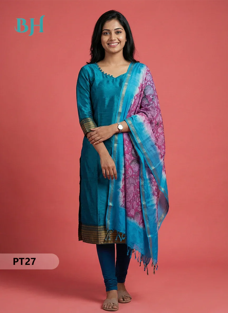 Mangalagiri Semi Pattu Dress Set in Bluish Cyan | 2pc Kurti with Chennuri Silk Dupatta