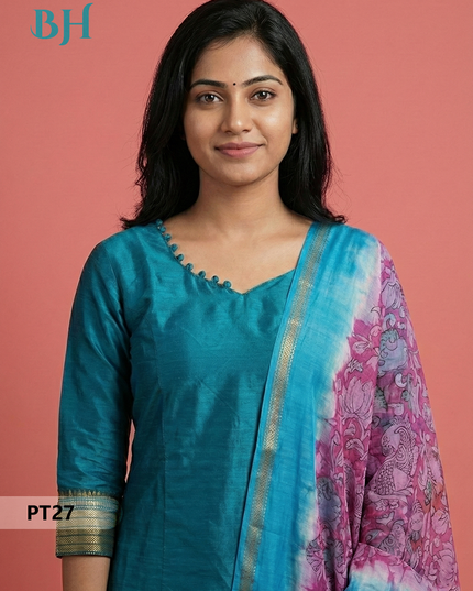 Mangalagiri Semi Pattu Dress Set in Bluish Cyan | 2pc Kurti with Chennuri Silk Dupatta