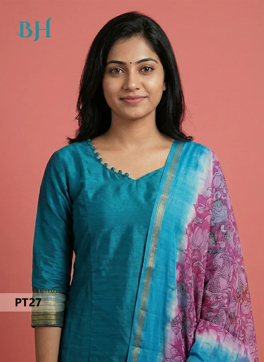 Mangalagiri Semi Pattu Dress Set in Bluish Cyan | 2pc Kurti with Chennuri Silk Dupatta