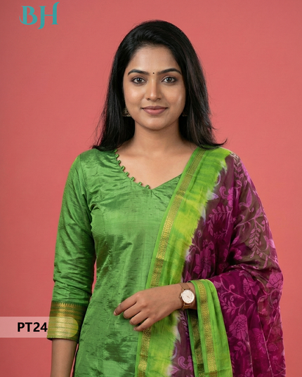 Mangalagiri Semi Pattu Dress Set in Green | 2pc Kurti with Chennuri Silk Dupatta
