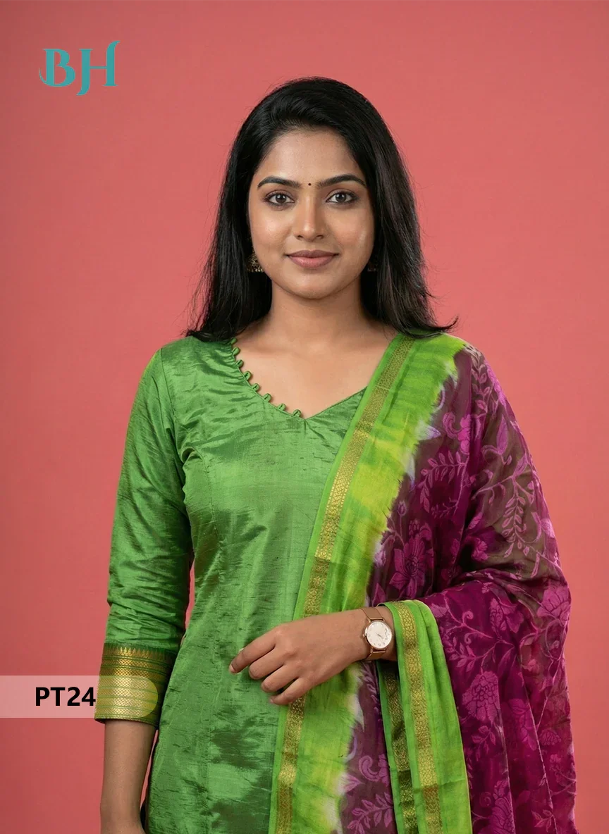 Mangalagiri Semi Pattu Dress Set in Green | 2pc Kurti with Chennuri Silk Dupatta