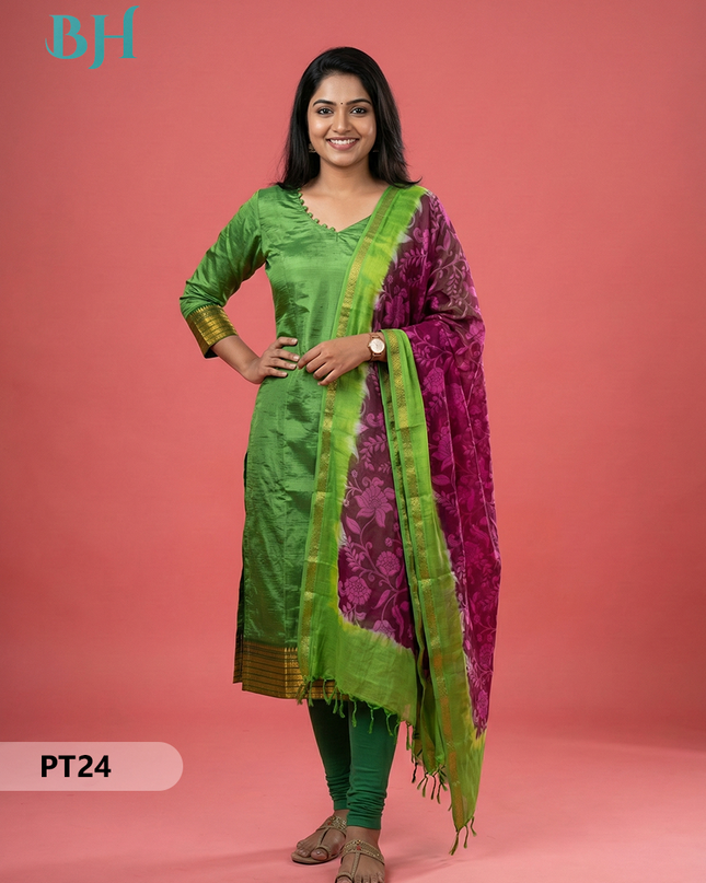 Mangalagiri Semi Pattu Dress Set in Green | 2pc Kurti with Chennuri Silk Dupatta