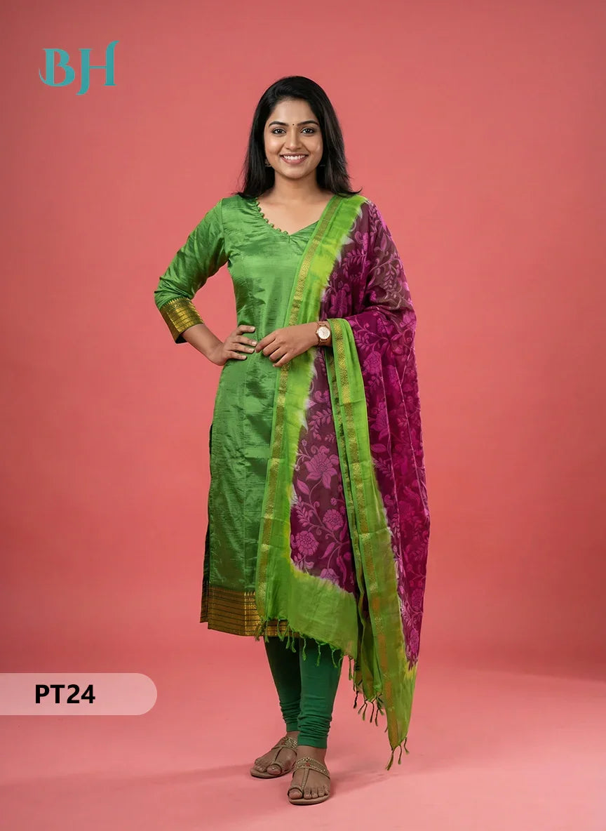Mangalagiri Semi Pattu Dress Set in Green | 2pc Kurti with Chennuri Silk Dupatta