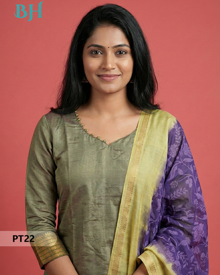 Mangalagiri Semi Pattu Dress Set in Granite Green | 2pc Kurti with Chennuri Silk Dupatta