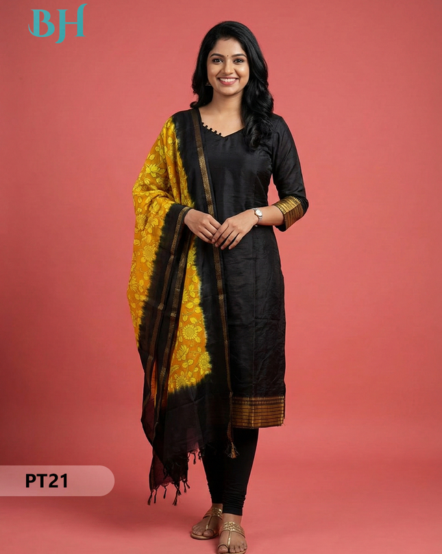 Mangalagiri Semi Pattu Dress Set in Black | 2pc Kurti with Chennuri Silk Dupatta