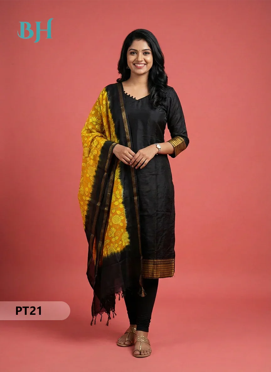Mangalagiri Semi Pattu Dress Set in Black | 2pc Kurti with Chennuri Silk Dupatta
