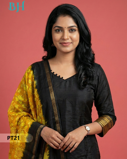 Mangalagiri Semi Pattu Dress Set in Black | 2pc Kurti with Chennuri Silk Dupatta