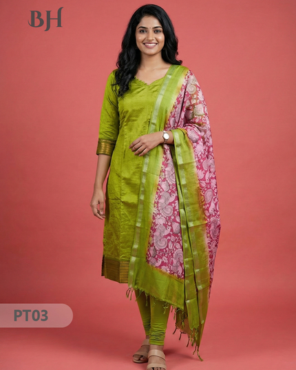 Mangalagiri Semi Pattu Dress Set in Avacado Green | 2pc Kurti with Kalamkari Semi Pattu Dupatta