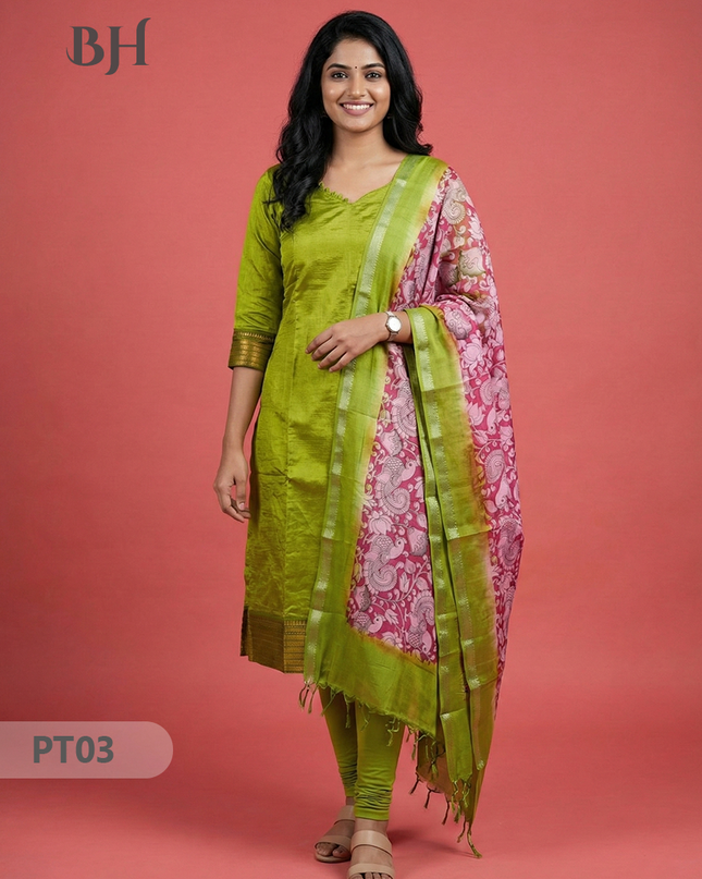 Mangalagiri Semi Pattu Dress Set in Avacado Green | 2pc Kurti with Kalamkari Semi Pattu Dupatta