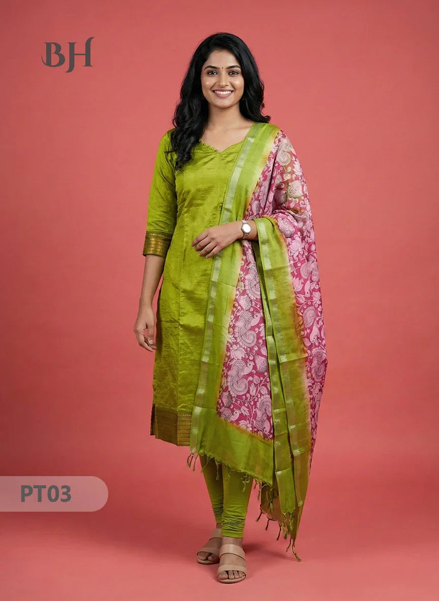 Mangalagiri Semi Pattu Dress Set in Avacado Green | 2pc Kurti with Kalamkari Semi Pattu Dupatta