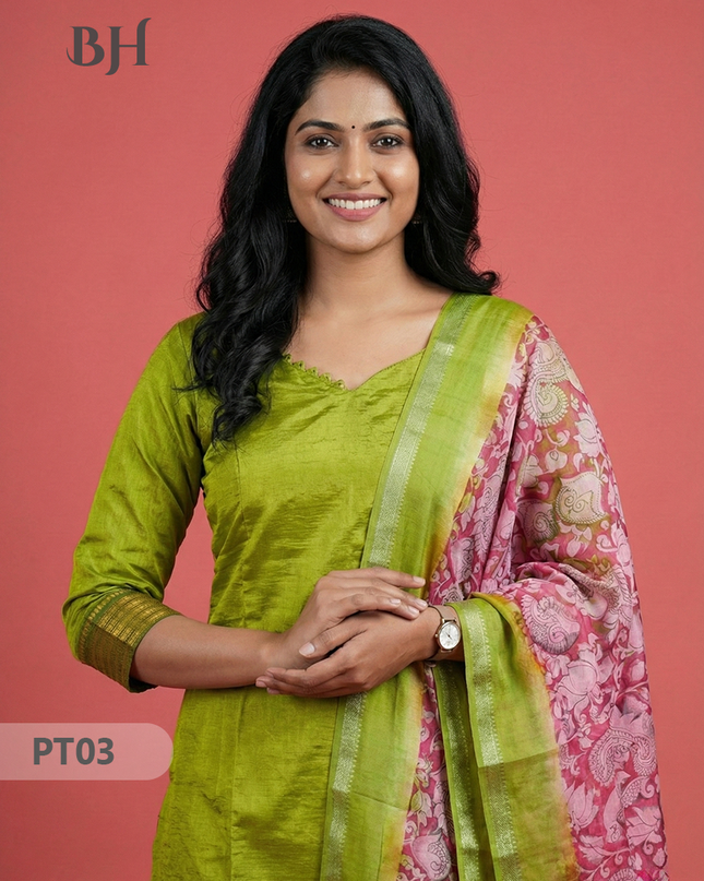 Mangalagiri Semi Pattu Dress Set in Avacado Green | 2pc Kurti with Kalamkari Semi Pattu Dupatta